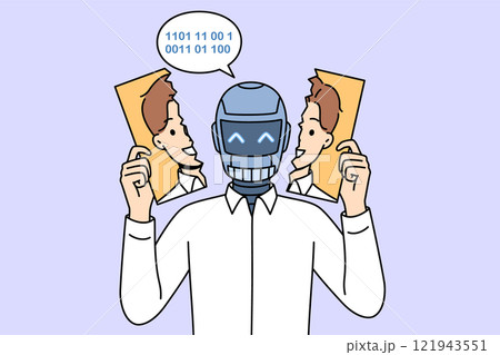 Robot hiding its face behind human photograph, for dystopia about replacing people with cyborgs Robot hiding its face behind human photograph, for dystopia about replacing people with cyborgs 121943551