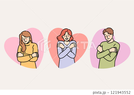 People demonstrate self-love and psychological stability, hug themselves, feeling surge of positive 121943552
