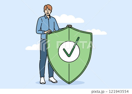 Cyber ​​protection used by business man holding shield, symbolizing fight against digital viruses 121943554