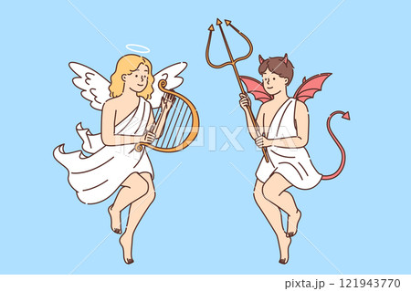 Children in images angel and demon demonstrate festive costumes for halloween or religious holiday Children in images angel and demon demonstrate festive costumes for halloween or religious holiday 121943770