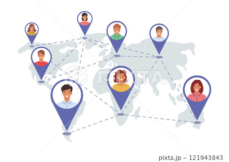 International community people from different countries, marked on global map with GPS tags 121943843