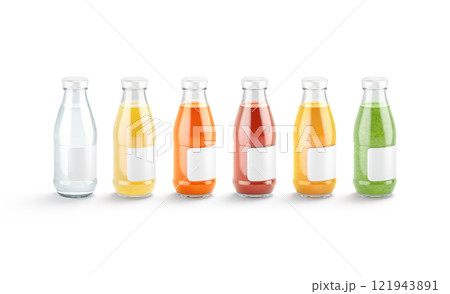 Blank transparent glass bottle with different juice taste mockup, isolated 121943891