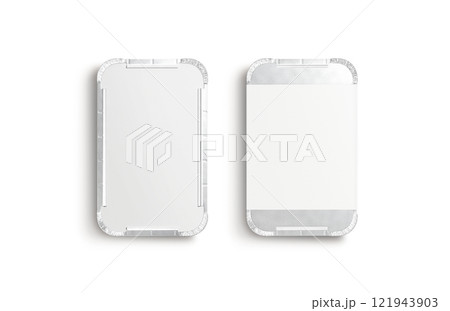 Blank aluminium foil container with white paper label mockup, isolated Blank aluminium foil container with white paper label mockup, isolated 121943903