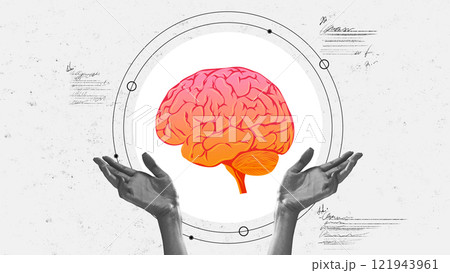 Conceptual image of hands presenting vibrant orange and pink brain, symbolizing mental health and neurological research. Conceptual design. Conceptual image of hands presenting vibrant orange and pink brain, symbolizing mental health and neurological research. Conceptual design. 121943961