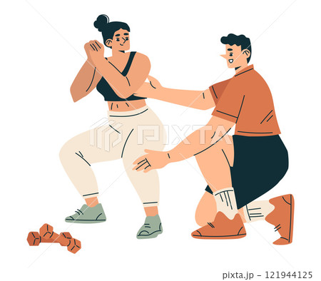 Sport with Woman Character Squat Engaged in Physical Activity Vector Illustration 121944125