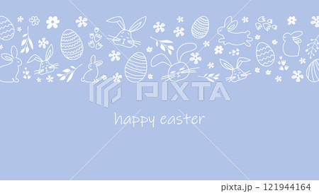 Happy Easter.Greeting card on the theme of the religious holiday. Horizontal banner with hand drawn bunnies, Easter eggs and flowers. Can be used for poster, invitation and preview.lavender background 121944164