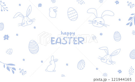 Happy Easter.Greeting card on the theme of the religious holiday. Horizontal banner with hand drawn bunnies,Easter eggs and flowers.Can be used for poster,invitation and preview.White background Happy Easter.Greeting card on the theme of the religious holiday. Horizontal banner with hand drawn bunnies,Easter eggs and flowers.Can be used for poster,invitation and preview.White background 121944165