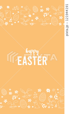 Happy Easter.Greeting card on the theme of the religious holiday. Vertical banner with hand drawn bunnies,Easter eggs and flowers.Can be used for poster,invitation and preview.Orange background 121944191