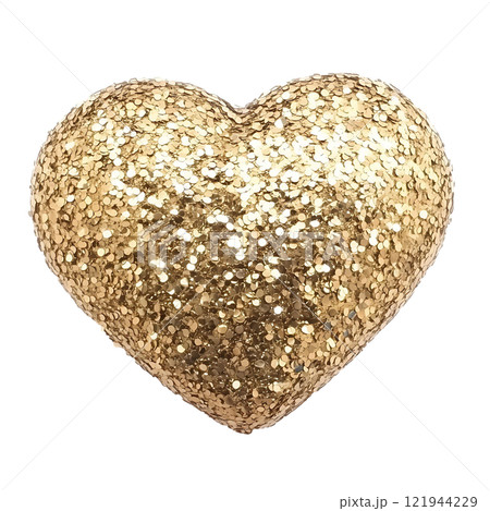 Golden heart isolated on white background, yellow gold heart-shaped jewel, Valentine's Day love symbol 121944229