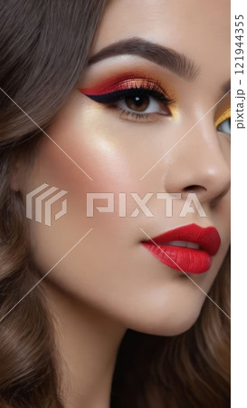 Close-up of a woman with vibrant red and gold eye makeup, glowing skin, and red lipstick. Beauty and cosmetics concept 121944355