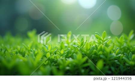 Close-up of fresh micro green plant leaves with soft focus and bokeh background. Nature concept 121944356
