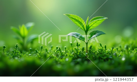Close-up of micro green plant sprout growing in lush greenery with soft bokeh background 121944357