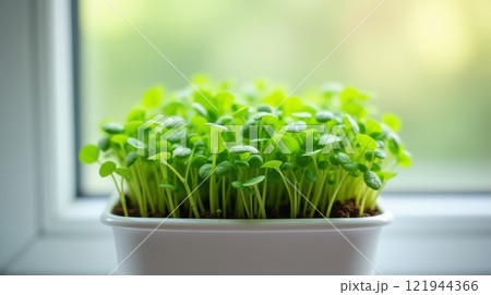 Fresh green microgreens growing in white pot by window. Indoor gardening and healthy eating concept 121944366