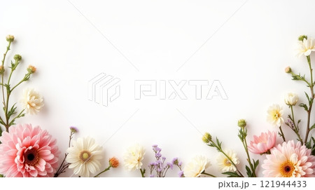 Border of pink, white, and purple flowers on a white background. Minimal floral arrangement with copy space for design Border of pink, white, and purple flowers on a white background. Minimal floral arrangement with copy space for design 121944433