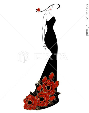 Woman in a dress and hat with red rose. 121944495