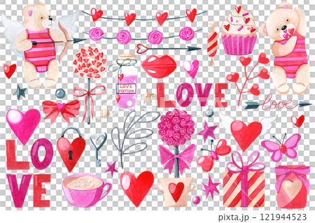 St. Valentine's day watercolor clipart bundle with teddy bear, gift box, candies, hearts, cupid, floral elements, lettering isolated on white background. Decorative hearts, love, lips, bows, garland 121944523