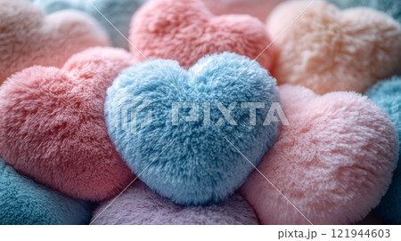 Fluffy multicolored heart-shaped pillows in a pile 121944603