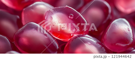 Close-up of pomegranate seeds with dewdrops, macro photography. Fresh fruit and healthy eating concept 121944642