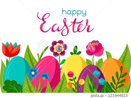 Happy Easter greeting card. Cute eggs and flowers for celebration. 121944813