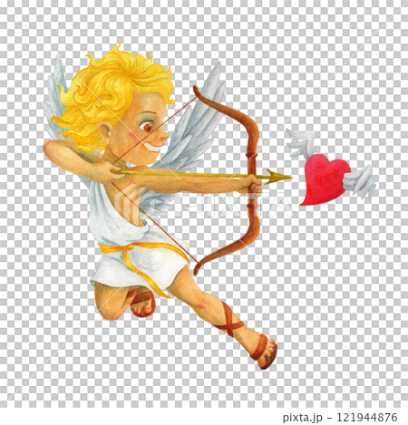 Cherub angel cupid of love shooting an arrow straight to the flying heart. Isolated cartoon watercolor character, suitable for Valentine's Day, wedding, anniversary, cards, posters and banner Cherub angel cupid of love shooting an arrow straight to the flying heart. Isolated cartoon watercolor character, suitable for Valentine's Day, wedding, anniversary, cards, posters and banner 121944876