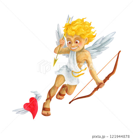 A blond boy with wings in Greek clothing is chasing a heart to pierce it with an arrow. Watercolor cherub. Hand drawn romantic character. Isolated Cupid portrait for Valentine's Day decoration A blond boy with wings in Greek clothing is chasing a heart to pierce it with an arrow. Watercolor cherub. Hand drawn romantic character. Isolated Cupid portrait for Valentine's Day decoration 121944878