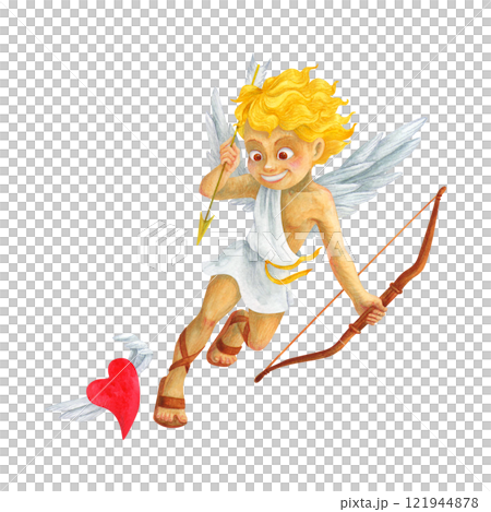 A blond boy with wings in Greek clothing is chasing a heart to pierce it with an arrow. Watercolor cherub. Hand drawn romantic character. Isolated Cupid portrait for Valentine's Day decoration 121944878