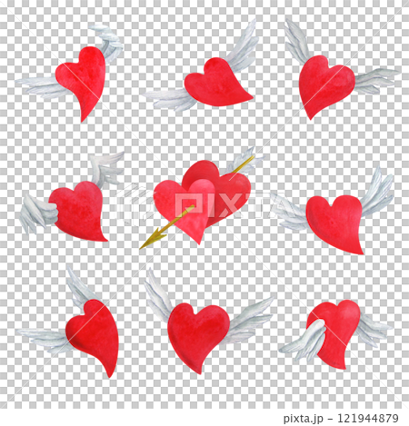 Cartoon flying hearts in different emotional poses. Set of symbols of love and valentine's day for scrapbooking, greeting card, party invitation, gift tags. Watercolor hand drawn illustration Cartoon flying hearts in different emotional poses. Set of symbols of love and valentine's day for scrapbooking, greeting card, party invitation, gift tags. Watercolor hand drawn illustration 121944879
