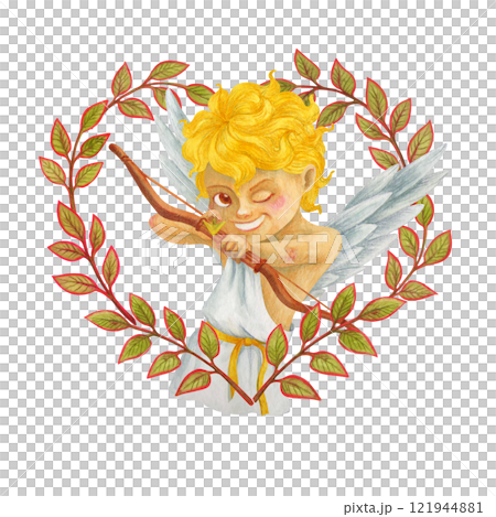 Mischievous Cherub in a heart-shaped leaves frame aims an arrow from a bow at the viewer. Laughing watercolor character. Isolated angel. Winged Cupid for Valentine's Day design and holiday print Mischievous Cherub in a heart-shaped leaves frame aims an arrow from a bow at the viewer. Laughing watercolor character. Isolated angel. Winged Cupid for Valentine's Day design and holiday print 121944881