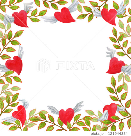 Square frame of red hearts with wings and twigs with leaves. Isolated romantic background with empty place for text for valentines day cards or posters design. Hand drawn watercolor template 121944884