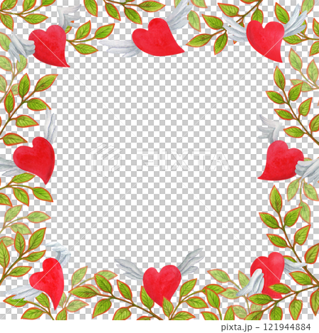 Square frame of red hearts with wings and twigs with leaves. Isolated romantic background with empty place for text for valentines day cards or posters design. Hand drawn watercolor template 121944884