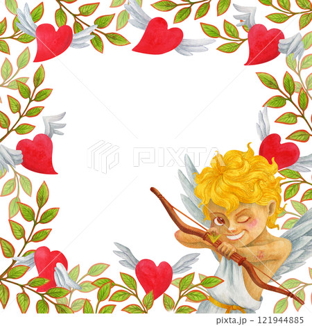 Square frame of red hearts with wings, branches with leaves and laughing Cupid directing an arrow from a bow at the viewer. Romantic background with empty space for text for Valentine's Day design Square frame of red hearts with wings, branches with leaves and laughing Cupid directing an arrow from a bow at the viewer. Romantic background with empty space for text for Valentine's Day design 121944885