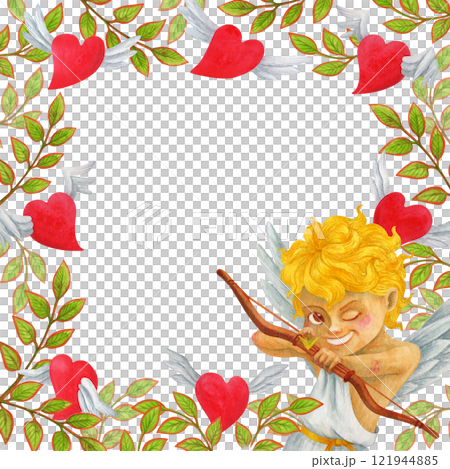 Square frame of red hearts with wings, branches with leaves and laughing Cupid directing an arrow from a bow at the viewer. Romantic background with empty space for text for Valentine's Day design Square frame of red hearts with wings, branches with leaves and laughing Cupid directing an arrow from a bow at the viewer. Romantic background with empty space for text for Valentine's Day design 121944885