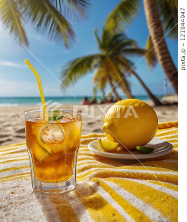 Refreshing Iced Lemon Tea on Beach 121944947