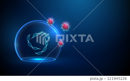 Abstract DNA double helix structures inside a glass dome attacked by red viruses. Medicine protection, dna diseaes and treatment concept. Low poly style 121945226