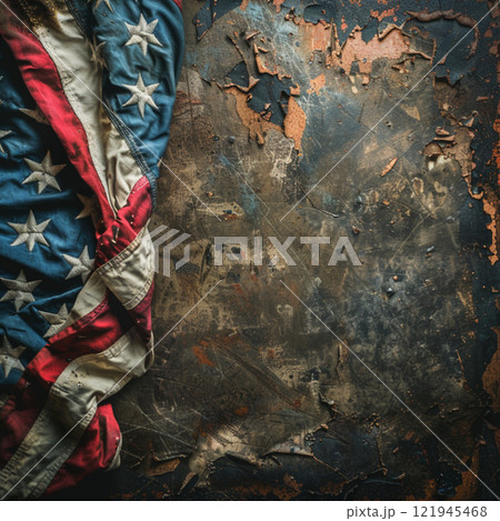 Grunge background with USA flag for veterans day. Wallpaper for design with lettering top view 121945468