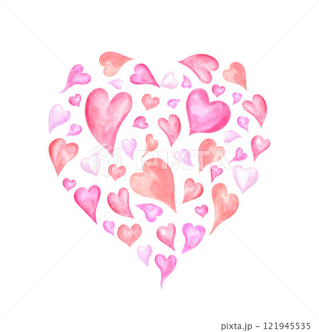 Big heart made up of small watercolor pink red hearts isolated background. Romantic delicate decorative illustration for package design, Valentine day greeting card, pattern, wedding invitation Big heart made up of small watercolor pink red hearts isolated background. Romantic delicate decorative illustration for package design, Valentine day greeting card, pattern, wedding invitation 121945535