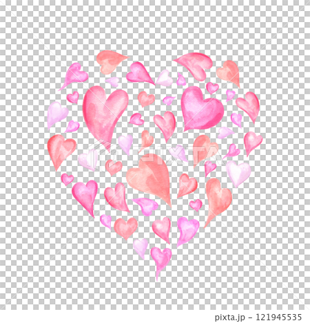 Big heart made up of small watercolor pink red hearts isolated background. Romantic delicate decorative illustration for package design, Valentine day greeting card, pattern, wedding invitation Big heart made up of small watercolor pink red hearts isolated background. Romantic delicate decorative illustration for package design, Valentine day greeting card, pattern, wedding invitation 121945535