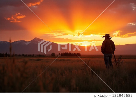 イエローストーン国立公園　夕陽に染まる牧場を見渡すカウボーイ　 ダットン牧場    [AI生成画像] 121945685