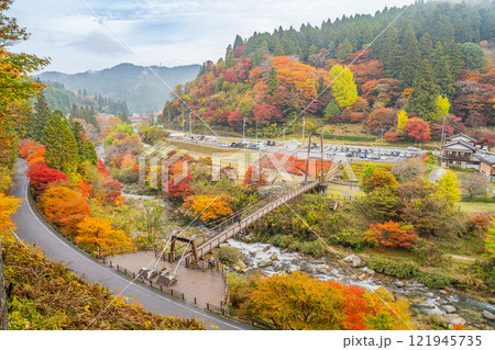 豊田市の大井平公園の展望台から見た紅葉に包まれた秋の風景(愛知県) 121945735