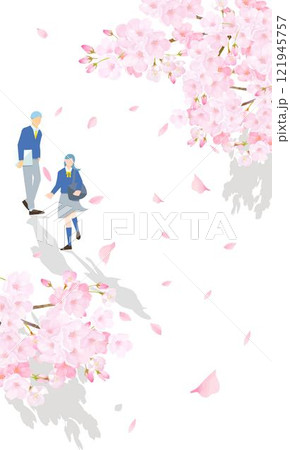 桜の木と歩く学生男女ー卒業入学ー人物ベクターイラスト白バック背景素材 121945757
