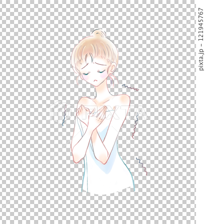 Shivering woman wrapped in a bath towel 121945767