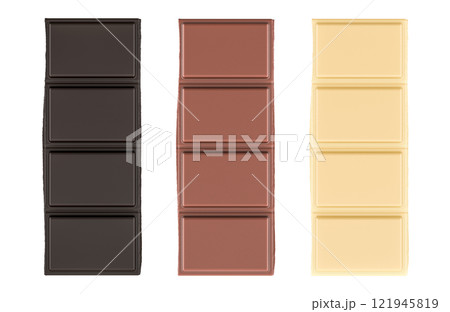 Chocolate bar pieces. Dark, milk and white chocolate, front view. 3D rendering 121945819