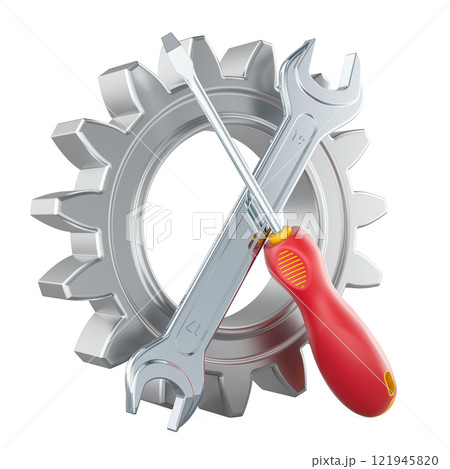 Cogwheel with crossed screwdriver and wrench. Repair and service, concept. 3D rendering Cogwheel with crossed screwdriver and wrench. Repair and service, concept. 3D rendering 121945820