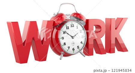 Time to work, concept. Work with alarm clock. 3D rendering Time to work, concept. Work with alarm clock. 3D rendering 121945834