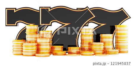 777 jackpot symbol with golden coins, 3D rendering 121945837