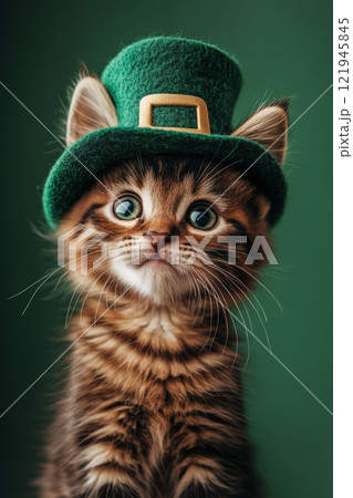 Cat dressed in a green leprechaun hat on a festive green background 121945845