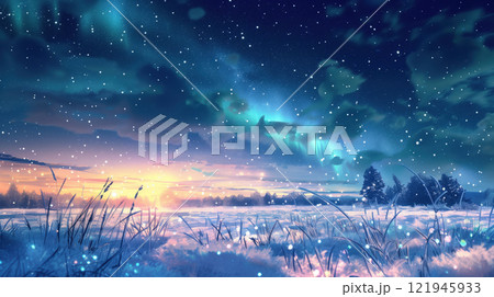 A wide-open snowy field illuminated by a stunning display of Northern Lights in the night sky, creating a magical winter atmosphere. 121945933