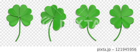 Green clover leaf 3D. Quatrefoil leaves. Shamrock symbol of lucky and Irish holiday St. Patrick Day. Design element isolated on a transparent background Green clover leaf 3D. Quatrefoil leaves. Shamrock symbol of lucky and Irish holiday St. Patrick Day. Design element isolated on a transparent background 121945956