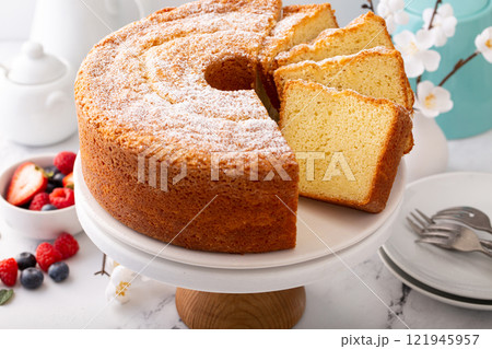 Classic vanilla pound cake sliced and ready to eat Classic vanilla pound cake sliced and ready to eat 121945957