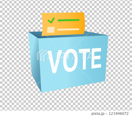 Blue ballot box icon with slot, casting vote and lock 121946072